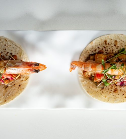 Taco de ropavieja con langostinos Noray